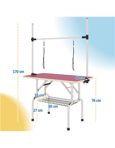 PawHut 42" Dog Grooming Table, Adjustable Pet Cat Drying Beauty Table with 2 Loops Storage Basket, Rubber Top, Pink