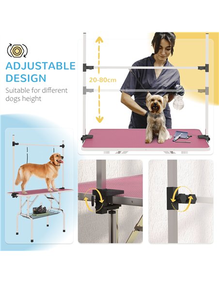 PawHut 42" Dog Grooming Table, Adjustable Pet Cat Drying Beauty Table with 2 Loops Storage Basket, Rubber Top, Pink - pic 146282 | FastDaddyshop