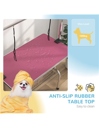 PawHut 42" Dog Grooming Table, Adjustable Pet Cat Drying Beauty Table with 2 Loops Storage Basket, Rubber Top, Pink