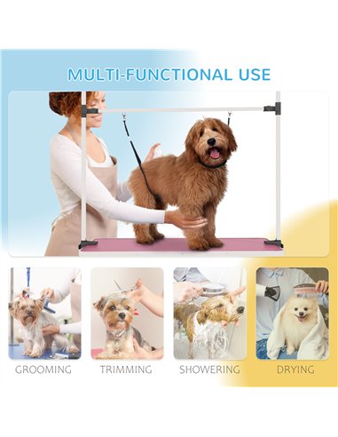 PawHut 42" Dog Grooming Table, Adjustable Pet Cat Drying Beauty Table with 2 Loops Storage Basket, Rubber Top, Pink