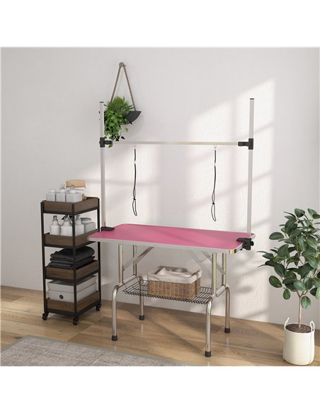 PawHut 42" Dog Grooming Table, Adjustable Pet Cat Drying Beauty Table with 2 Loops Storage Basket, Rubber Top, Pink - pic 146287 | FastDaddyshop