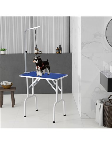 PawHut 32" Foldable Dog Grooming Table Pet Drying Beauty Table Adjustable Fixed Arm Rubber Top, Blue