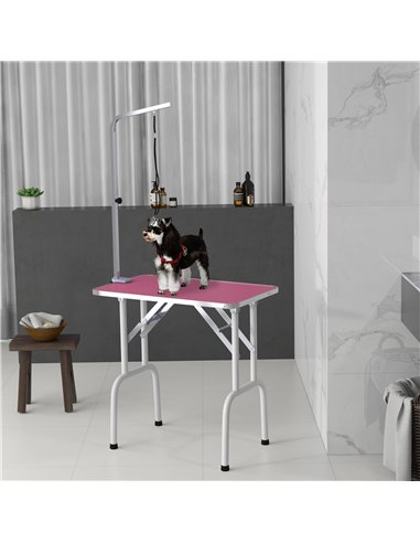 PawHut 32" Foldable Dog Grooming Table Pet Drying Beauty Table Adjustable Fixed Arm Rubber Top, Pink