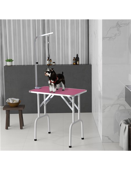 PawHut 32" Foldable Dog Grooming Table Pet Drying Beauty Table Adjustable Fixed Arm Rubber Top, Pink - pic 146298 | FastDaddyshop