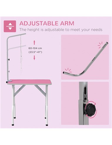 PawHut 32" Foldable Dog Grooming Table Pet Drying Beauty Table Adjustable Fixed Arm Rubber Top, Pink