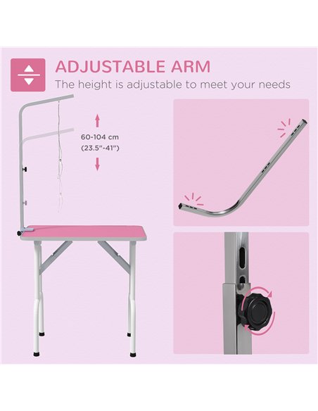 PawHut 32" Foldable Dog Grooming Table Pet Drying Beauty Table Adjustable Fixed Arm Rubber Top, Pink - pic 146300 | FastDaddyshop