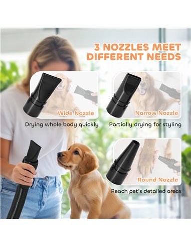 PawHut 2200W Dog Hair Dryer with Auto Adjustable Temperature & Airflow, 3 Nozzles, Digital Screen, for Dogs Cats, White