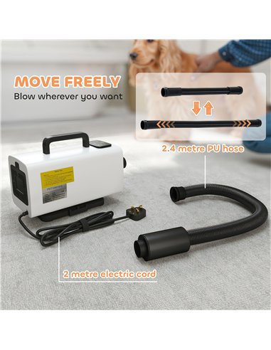 PawHut 2200W Dog Hair Dryer with Auto Adjustable Temperature & Airflow, 3 Nozzles, Digital Screen, for Dogs Cats, White
