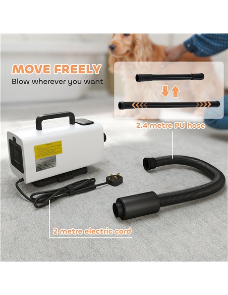 PawHut 2200W Dog Hair Dryer with Auto Adjustable Temperature & Airflow, 3 Nozzles, Digital Screen, for Dogs Cats, White - pic 146312 | FastDaddyshop
