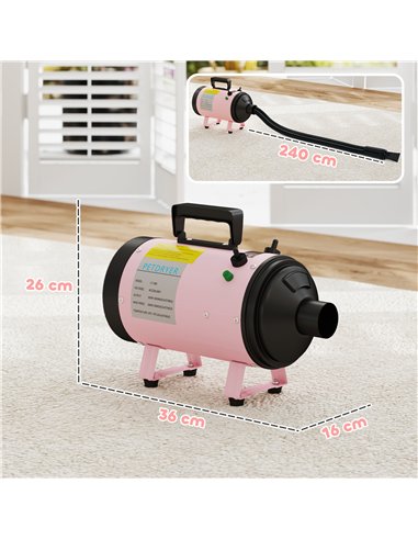 PawHut 2200W Dog Hair Dryer with Adjustable Temperature & Velocity, 3 Different Nozzles, Pink