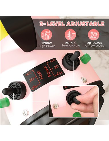 PawHut 2200W Dog Hair Dryer with Adjustable Temperature & Velocity, 3 Different Nozzles, Pink