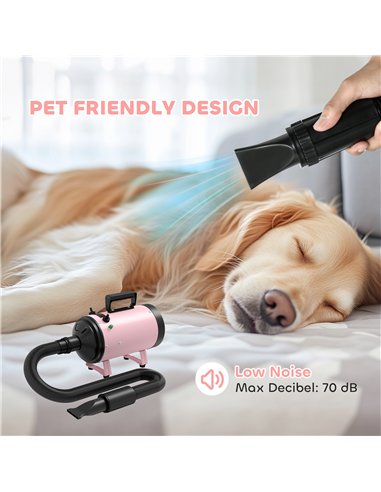PawHut 2200W Dog Hair Dryer with Adjustable Temperature & Velocity, 3 Different Nozzles, Pink