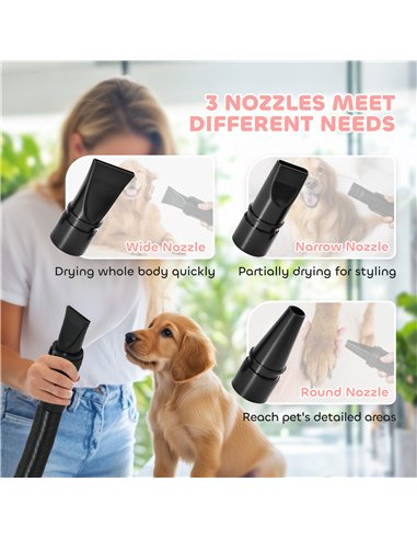 PawHut 2200W Dog Hair Dryer with Adjustable Temperature & Velocity, 3 Different Nozzles, Pink