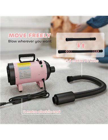 PawHut 2200W Dog Hair Dryer with Adjustable Temperature & Velocity, 3 Different Nozzles, Pink