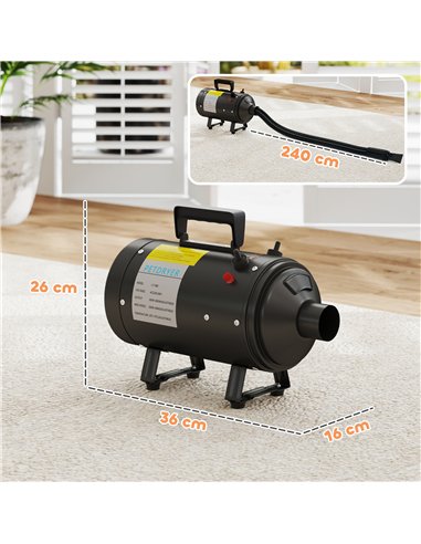 PawHut 2200W Dog Hair Dryer with Adjustable Temperature & Velocity, 3 Different Nozzles, Black