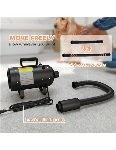 PawHut 2200W Dog Hair Dryer with Adjustable Temperature & Velocity, 3 Different Nozzles, Black
