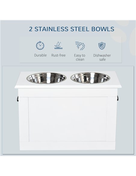 PawHut Raised Dog Bowls, with Storage, Two Stainless Steel Bowls, Elevated Base - White - pic 146364 | FastDaddyshop