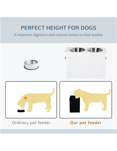 PawHut Raised Dog Bowls, with Storage, Two Stainless Steel Bowls, Elevated Base - White