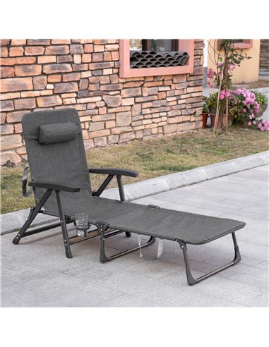 Outsunny Folding Sun Lounger, Mesh Fabric Chaise Lounge Chair, 7-Reclining Position Sleeping Bed w/ Pillow & Cup Holder for Deck