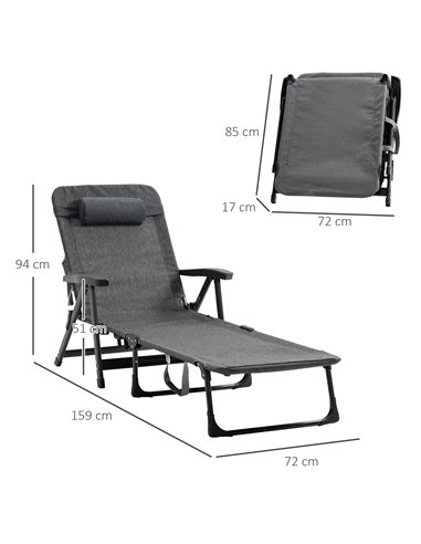 Outsunny Folding Sun Lounger, Mesh Fabric Chaise Lounge Chair, 7-Reclining Position Sleeping Bed w/ Pillow & Cup Holder for Deck