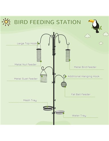 Pawhut Bird Feeding Station Kit, Wild Bird Feeder Pole with 6 Hooks, 4 Hanging Feeders for Peanuts, Seed, Fat Balls, for Garden,