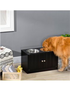 PawHut Raised Pet Feeder, with Two Bowls, Storage - Black 2