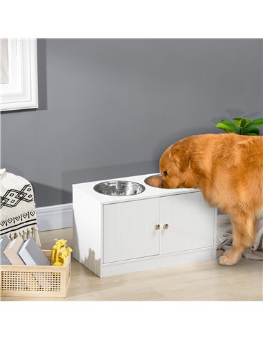 PawHut Raised Pet Feeder, with Two Bowls, Storage - White