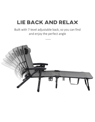 Outsunny Folding Sun Lounger, Mesh Fabric Chaise Lounge Chair, 7-Reclining Position Sleeping Bed w/ Pillow & Cup Holder for Deck