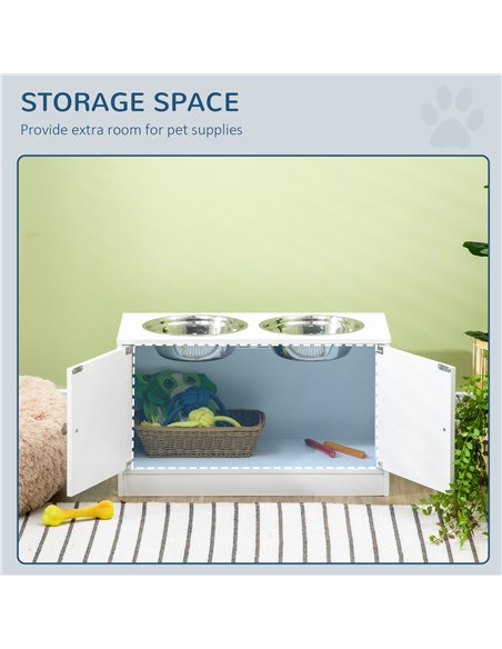 PawHut Raised Pet Feeder, with Two Bowls, Storage - White - pic 146400 | FastDaddyshop