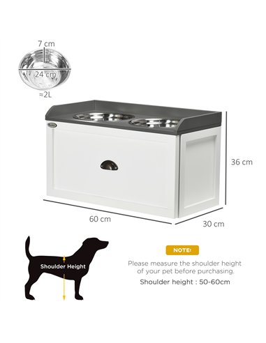 PawHut Stainless Steel Raised Dog Bowls, with 21L Storage Drawer for Large Dogs and Cats - White