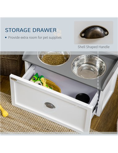 PawHut Stainless Steel Raised Dog Bowls, with 21L Storage Drawer for Large Dogs and Cats - White