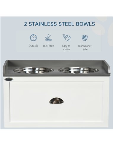 PawHut Stainless Steel Raised Dog Bowls, with 21L Storage Drawer for Large Dogs and Cats - White