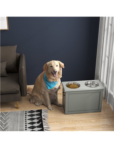 PawHut Raised Dog Bowls, with Storage, Two Stainless Steel Bowls, Elevated Base - Grey