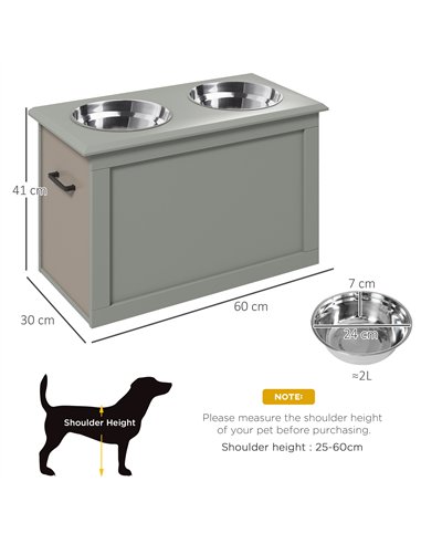 PawHut Raised Dog Bowls, with Storage, Two Stainless Steel Bowls, Elevated Base - Grey