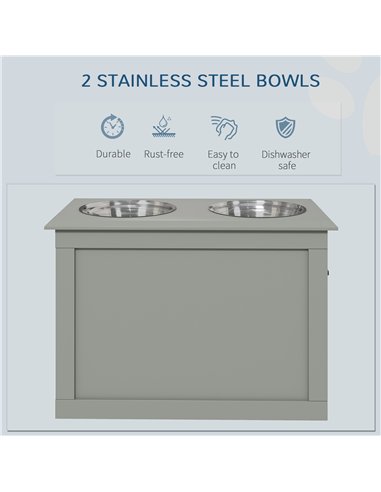 PawHut Raised Dog Bowls, with Storage, Two Stainless Steel Bowls, Elevated Base - Grey