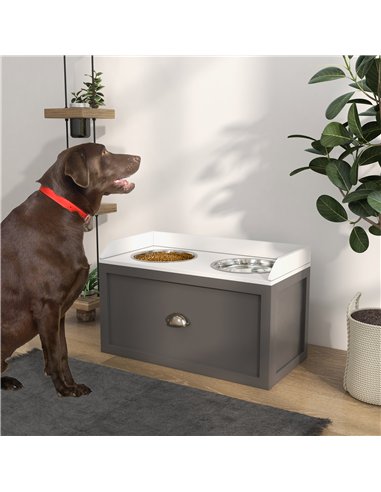 PawHut Stainless Steel Raised Dog Bowls, with 21L Storage Drawer for Large Dogs - Grey