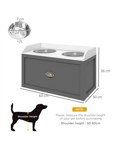 PawHut Stainless Steel Raised Dog Bowls, with 21L Storage Drawer for Large Dogs - Grey
