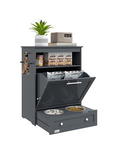 PawHut Pet Feeder Station, Dog, Cat Storage Container, with Raised Bowls, Hanger, Cabinet - Grey