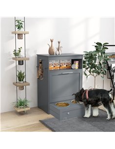 PawHut Pet Feeder Station, Dog, Cat Storage Container, with Raised Bowls, Hanger, Cabinet - Grey 2