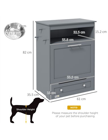 PawHut Pet Feeder Station, Dog, Cat Storage Container, with Raised Bowls, Hanger, Cabinet - Grey