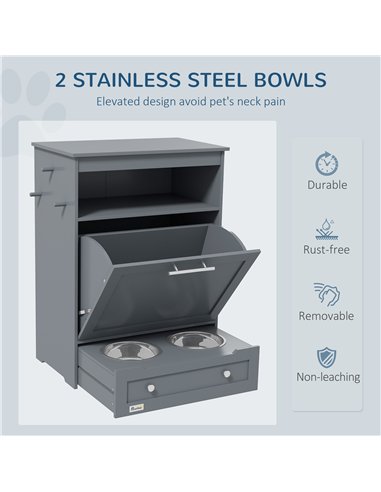 PawHut Pet Feeder Station, Dog, Cat Storage Container, with Raised Bowls, Hanger, Cabinet - Grey