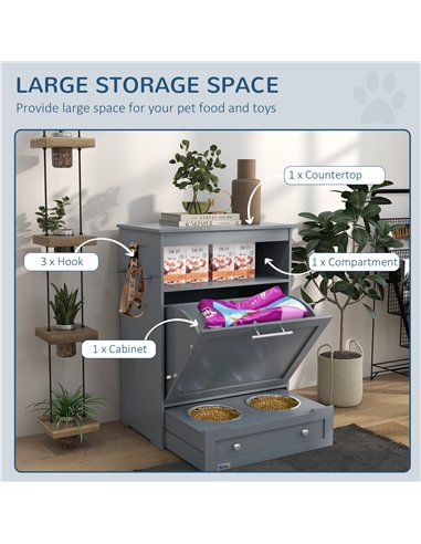 PawHut Pet Feeder Station, Dog, Cat Storage Container, with Raised Bowls, Hanger, Cabinet - Grey