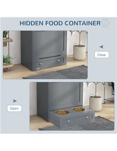 PawHut Pet Feeder Station, Dog, Cat Storage Container, with Raised Bowls, Hanger, Cabinet - Grey