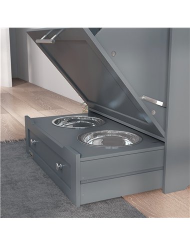 PawHut Pet Feeder Station, Dog, Cat Storage Container, with Raised Bowls, Hanger, Cabinet - Grey