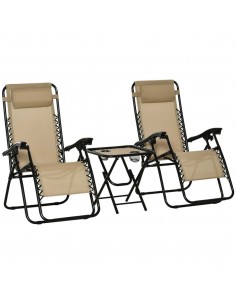 Outsunny 3pcs Folding Sun Lounger Table Set with Cup Holders, Beige