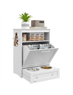 PawHut Pet Feeder Station, Dog, Cat Storage Container, with Raised Bowls, Hanger, Cabinet - White