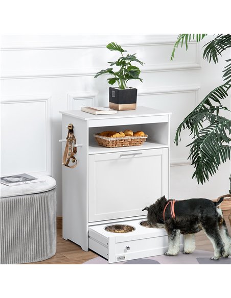 PawHut Pet Feeder Station, Dog, Cat Storage Container, with Raised Bowls, Hanger, Cabinet - White - pic 146451 | FastDaddyshop
