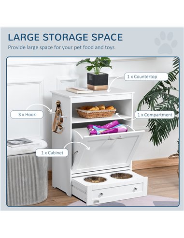 PawHut Pet Feeder Station, Dog, Cat Storage Container, with Raised Bowls, Hanger, Cabinet - White