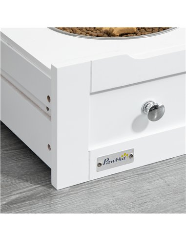 PawHut Pet Feeder Station, Dog, Cat Storage Container, with Raised Bowls, Hanger, Cabinet - White