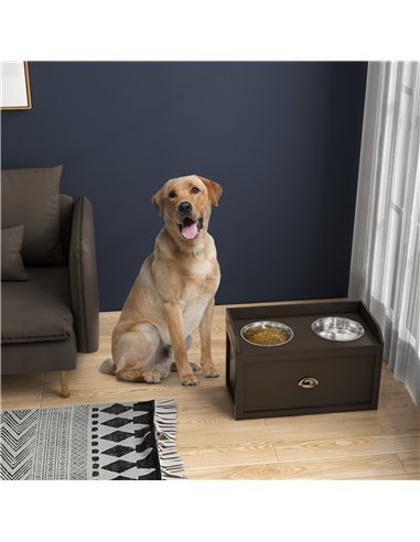 PawHut Stainless Steel Raised Dog Bowls, with 21L Storage Drawer for Large Dogs - Brown